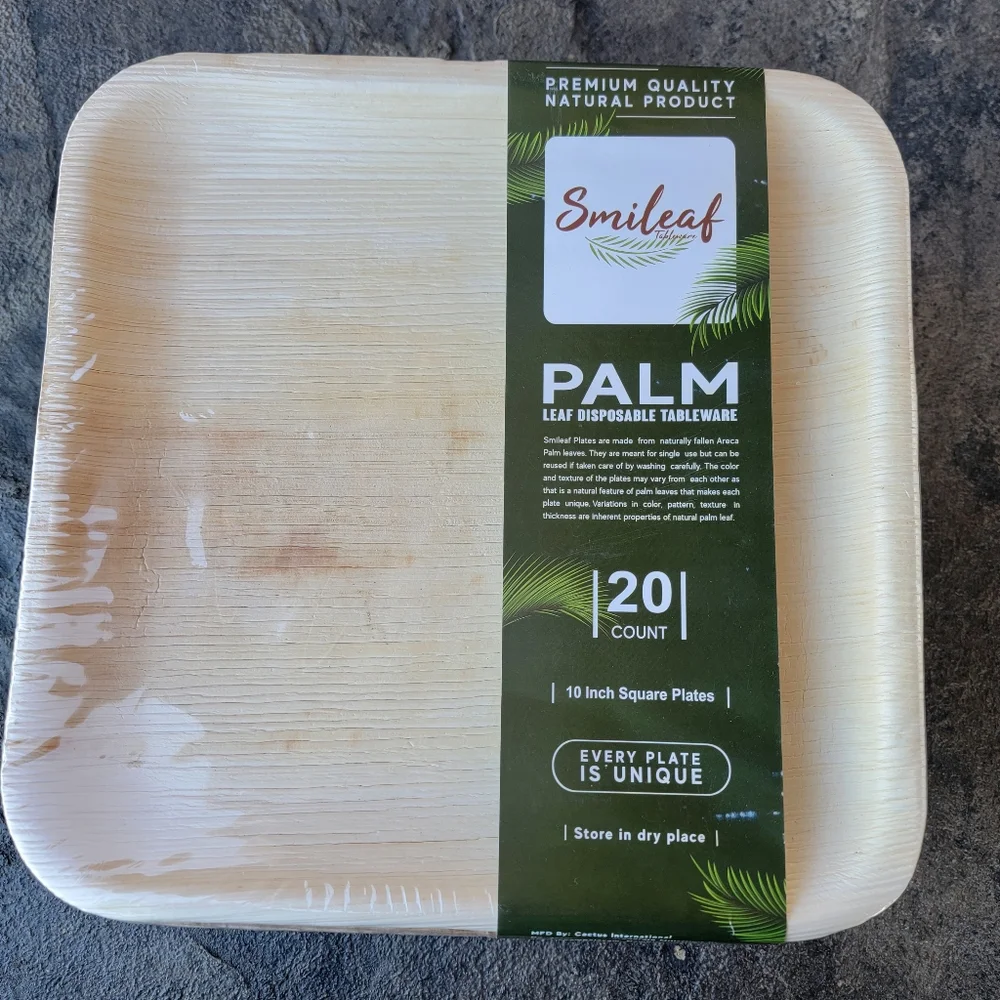 Smileaf Tableware Palm Leaf Disposable 10 Inch Square Plates, Package of 20